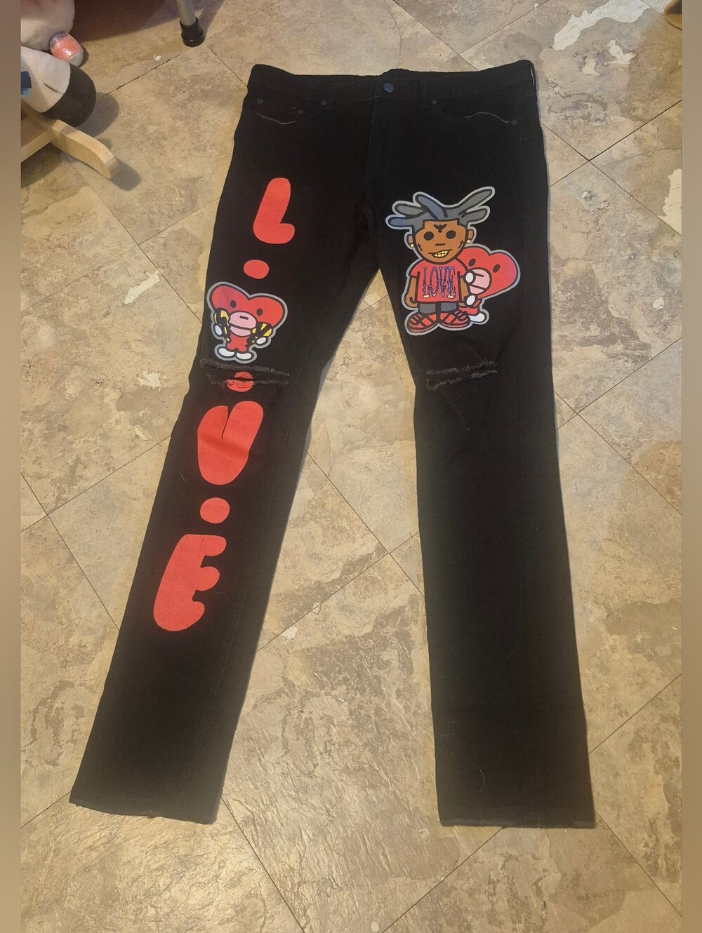L.O.V.E. Jeans Mens 36 Black Distressed Graphic Denim Cartoon Streetwear